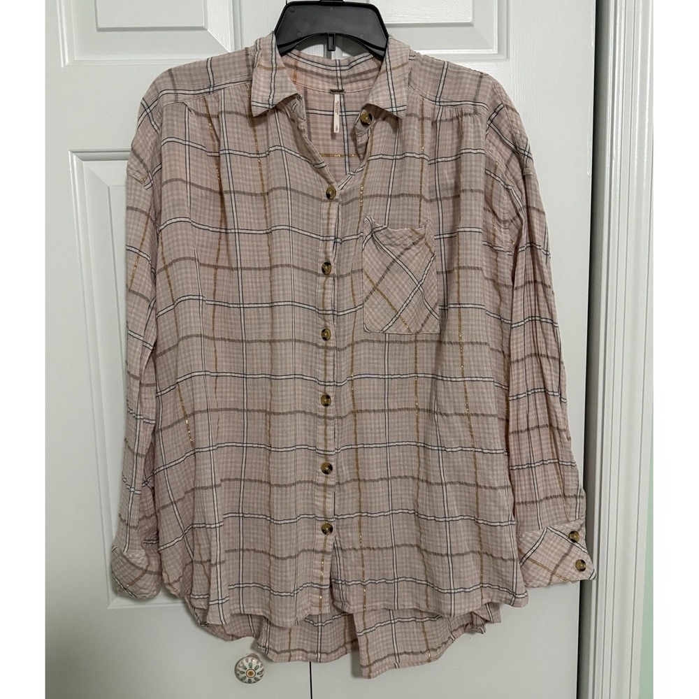 Free People Oversized Boyfriend Pink Plaid Button Up Shirt Size S Metallic Gold
